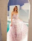 Soft Tulle A-Line Graduation Gown w/ Sweetheart Neckline & Floral Print