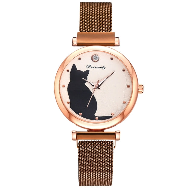 Stylish Cat-Themed Watch & Bracelet Set for Teen Girls – Cute Rose Gold Bracelets