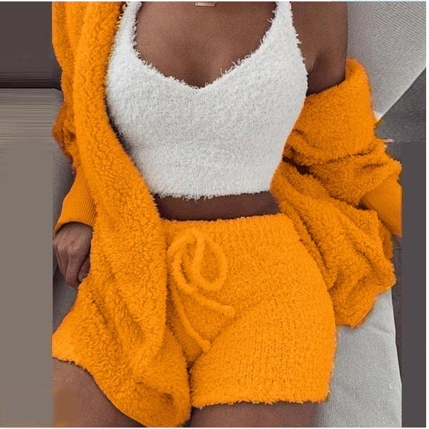 Fluffy Three Piece Shorts Set