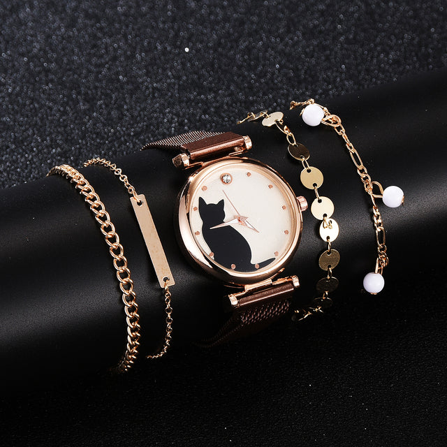 Stylish Cat-Themed Watch & Bracelet Set for Teen Girls – Cute Rose Gold Bracelets