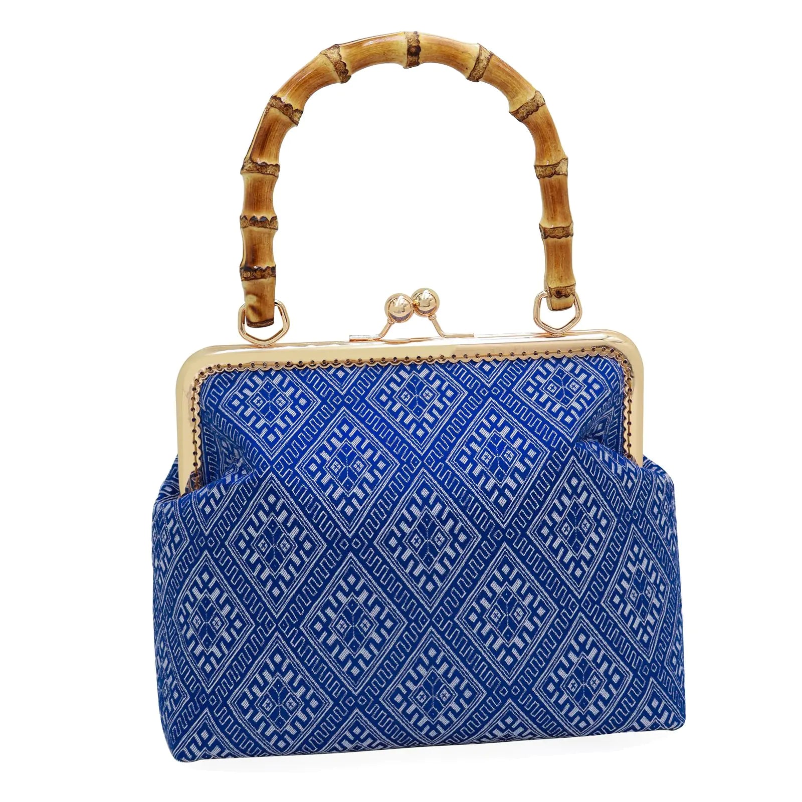 Blue Boho Bamboo Handle Clutch – Vintage-Inspired Handbag with Kiss Lock