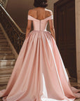White Off the Shoulder Satin Sweep Train Wedding Dress with Slit