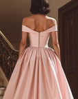 White Off the Shoulder Satin Sweep Train Wedding Dress with Slit