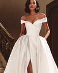 White Off the Shoulder Satin Sweep Train Wedding Dress with Slit