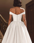 White Off the Shoulder Satin Sweep Train Wedding Dress with Slit