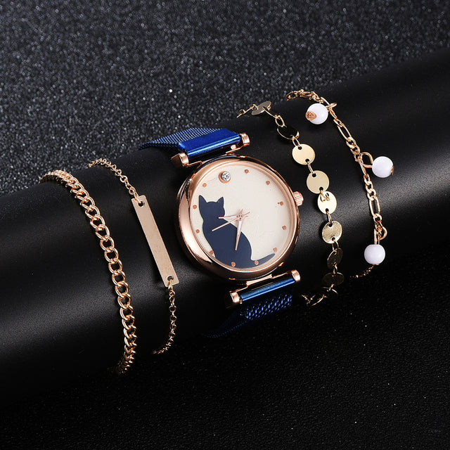 Stylish Cat-Themed Watch & Bracelet Set for Teen Girls – Cute Rose Gold Bracelets