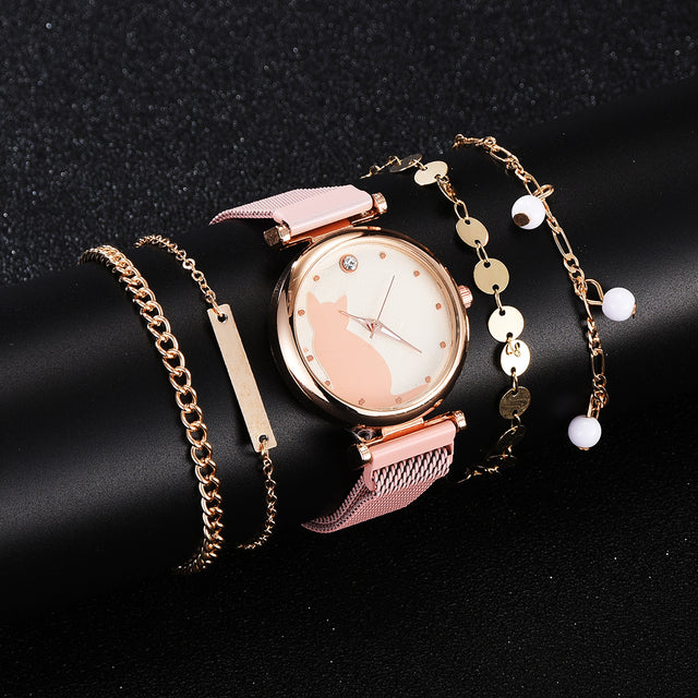 Stylish Cat-Themed Watch & Bracelet Set for Teen Girls – Cute Rose Gold Bracelets