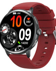 Red smart fitness watch with round touchscreen display showing time, heart rate, calories, and step counter — features Bluetooth calling, health tracking, sleep monitor.