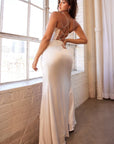 Satin Cowl Neckline Modern Fitted Laced Open Back Flattering Long Wedding Dress CD7483W