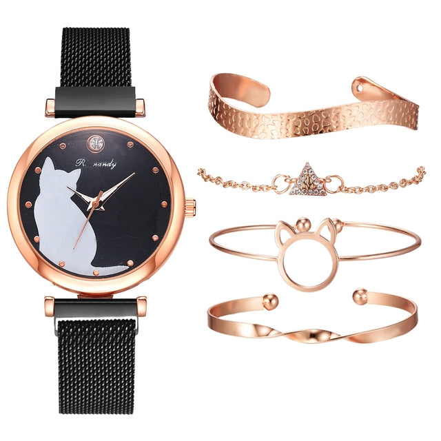 Stylish Cat-Themed Watch & Bracelet Set for Teen Girls – Cute Rose Gold Bracelets