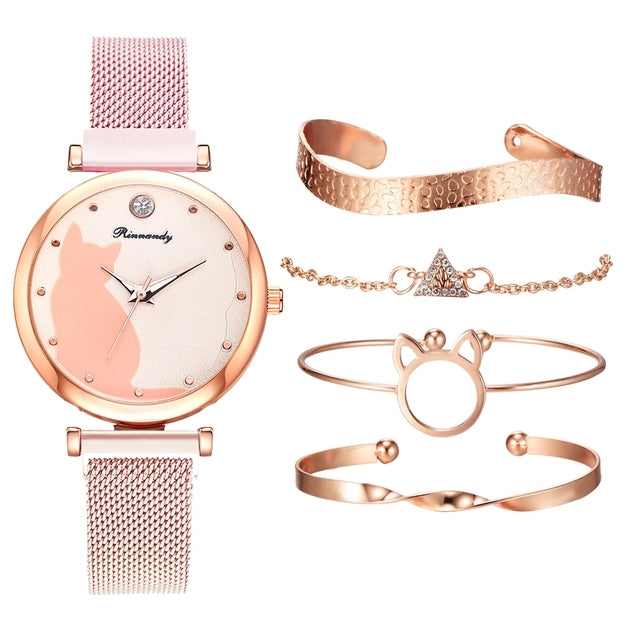 Stylish Cat-Themed Watch & Bracelet Set for Teen Girls – Cute Rose Gold Bracelets
