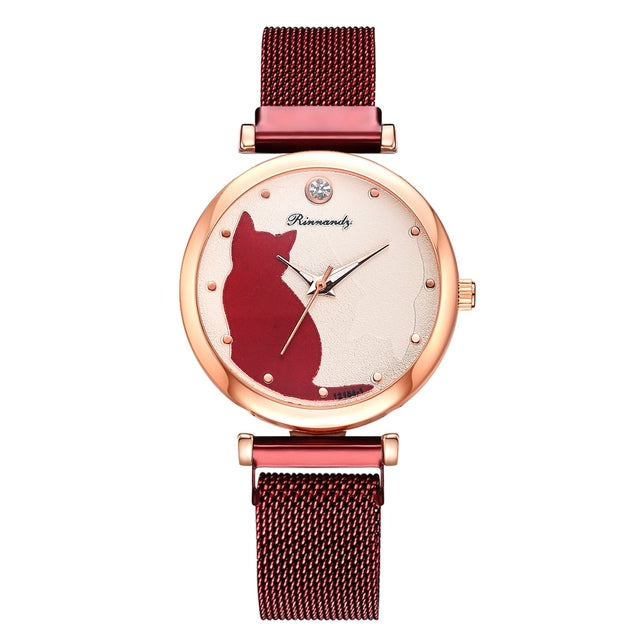 Stylish Cat-Themed Watch & Bracelet Set for Teen Girls – Cute Rose Gold Bracelets