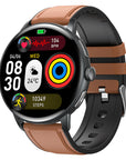 Brown leather smart fitness watch with round touchscreen display showing time, heart rate, calories, and step counter — features Bluetooth calling, health tracking, sleep monitor.