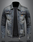 Vintage Washed Denim Jacket with Lapel Collar