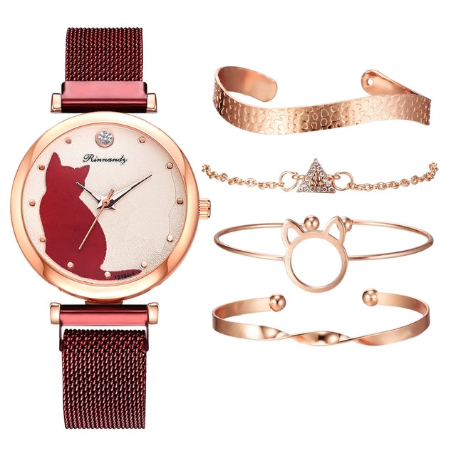 Stylish Cat-Themed Watch & Bracelet Set for Teen Girls – Cute Rose Gold Bracelets