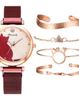 Stylish Cat-Themed Watch & Bracelet Set for Teen Girls – Cute Rose Gold Bracelets