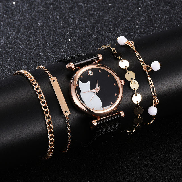 Stylish Cat-Themed Watch & Bracelet Set for Teen Girls – Cute Rose Gold Bracelets