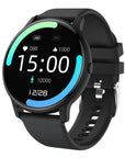 Black smart fitness watch with round touchscreen display showing time, heart rate, calories, and step counter — features Bluetooth calling, health tracking, sleep monitor.