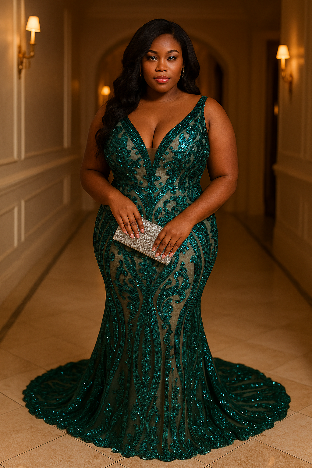 Sequin V Neck Mermaid Dress in Green- Size 22