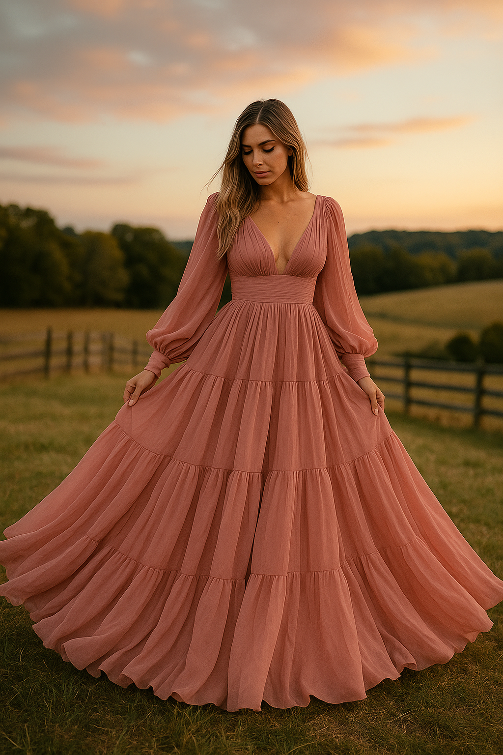 Dusty Rose Puffy Sleeve Dress - Size 14