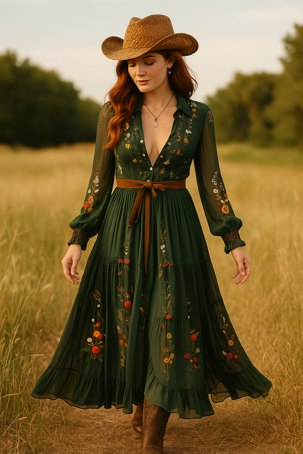 Playful Long Sleeve Boho Forest Green Maxi Dress- X Large