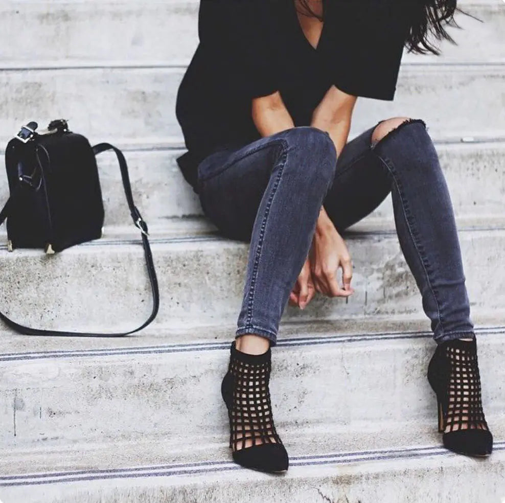Vixen Mesh Cage Heels – Black Stiletto Ankle Booties