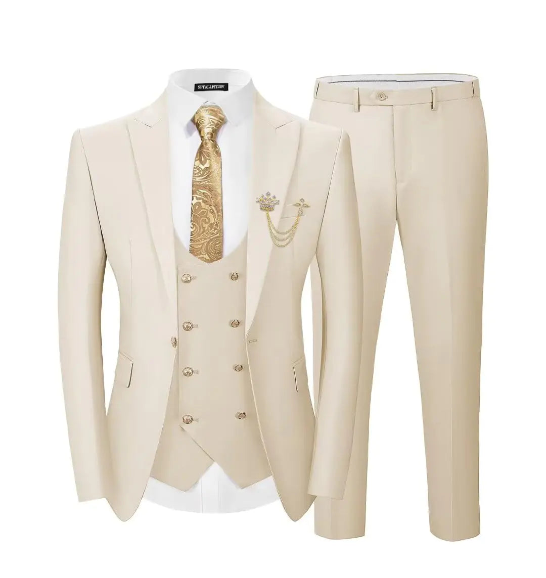 Men's Beige Slim Fit 3-Piece Suit