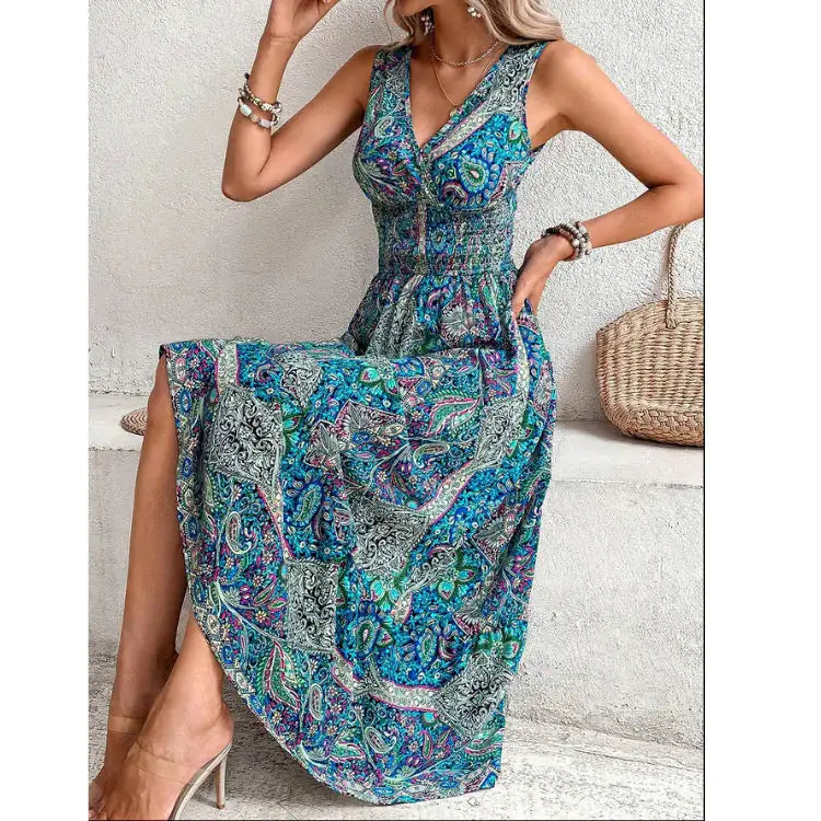 Boho Breeze Paisley Maxi Dress – Sleeveless Smocked Waist Sundress