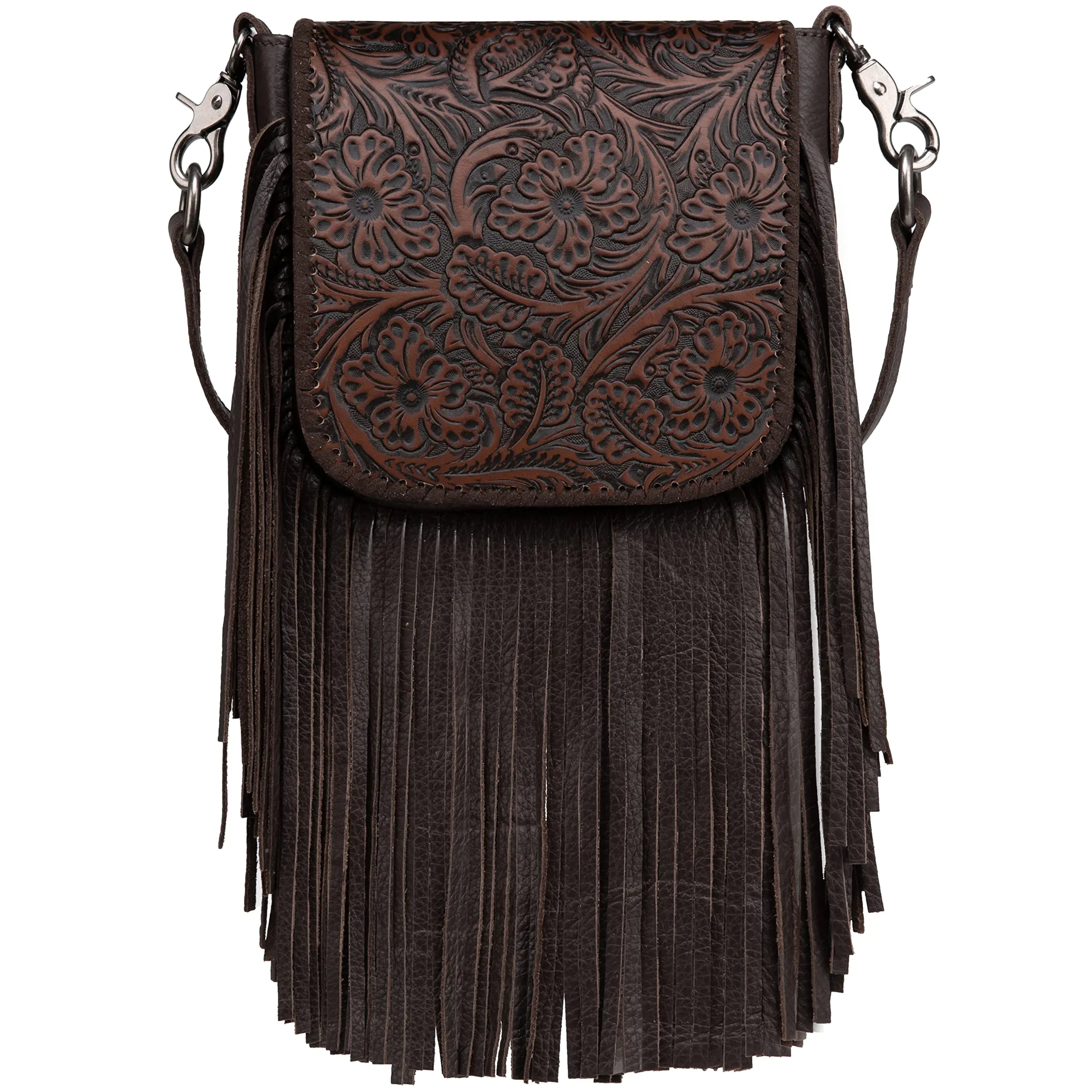 Playful Tooled Leather Fringe Crossbody Bag