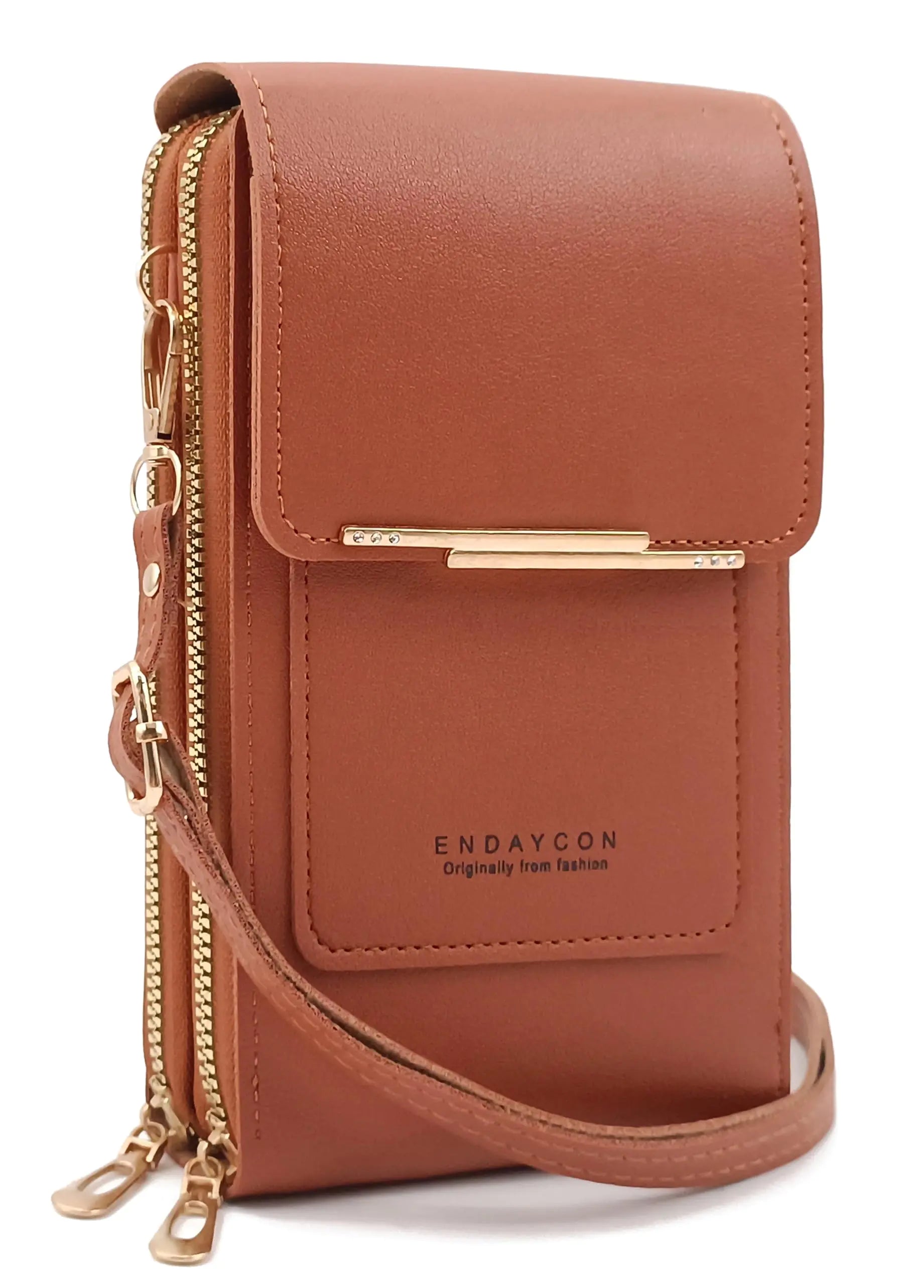 ID-Blocking Crossbody Phone Wallet – Caramel Tan with Gold Accents