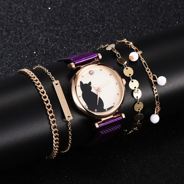 Stylish Cat-Themed Watch & Bracelet Set for Teen Girls – Cute Rose Gold Bracelets