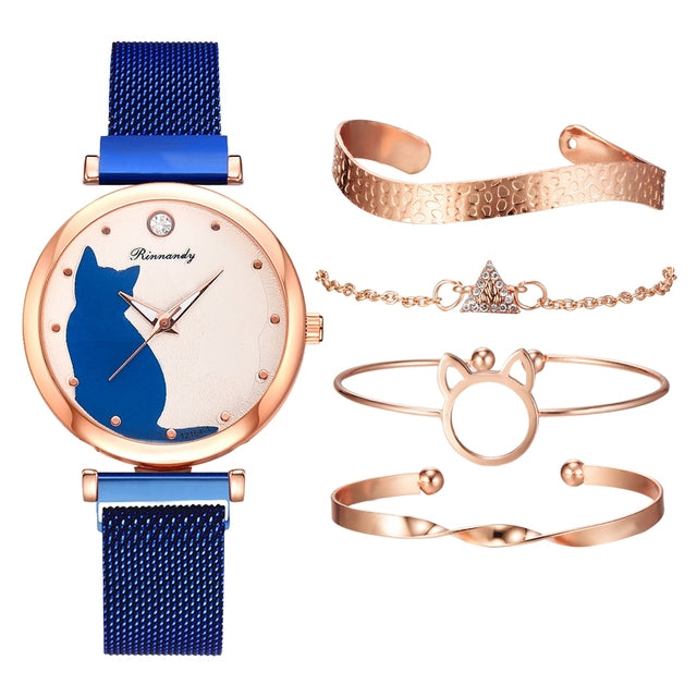 Stylish Cat-Themed Watch & Bracelet Set for Teen Girls – Cute Rose Gold Bracelets