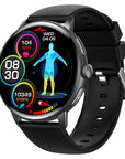 Black smart fitness watch with round touchscreen display showing time, heart rate, calories, and step counter — features Bluetooth calling, health tracking, sleep monitor.