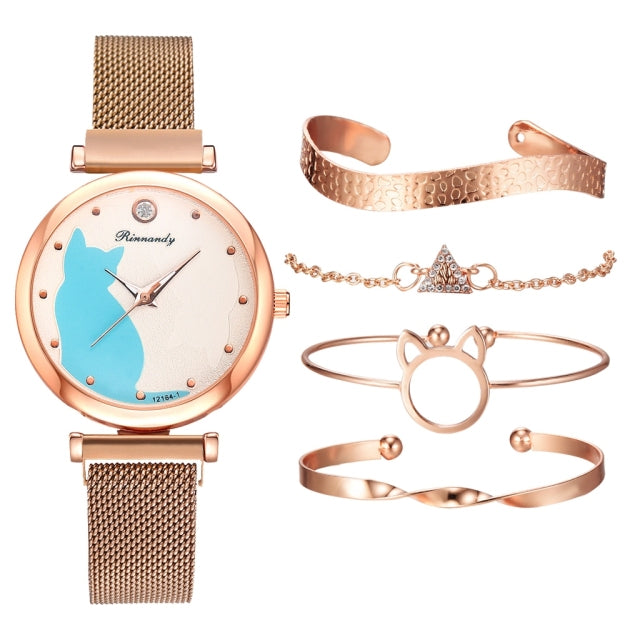 Stylish Cat-Themed Watch & Bracelet Set for Teen Girls – Cute Rose Gold Bracelets