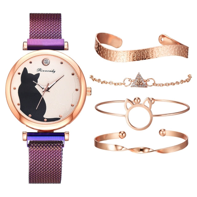 Stylish Cat-Themed Watch & Bracelet Set for Teen Girls – Cute Rose Gold Bracelets