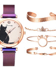 Stylish Cat-Themed Watch & Bracelet Set for Teen Girls – Cute Rose Gold Bracelets