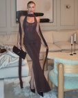 Womens Coffee Brown Spliced Long Dress