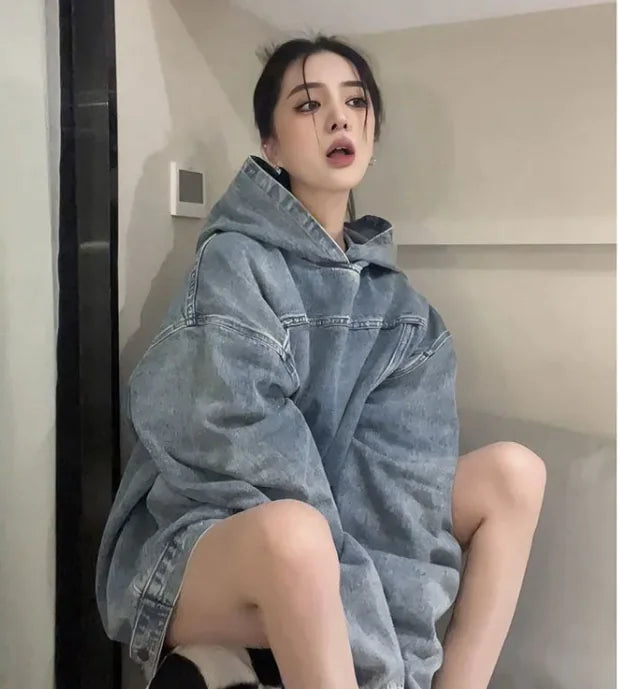 Women's Retro Denim Hooded Sweater