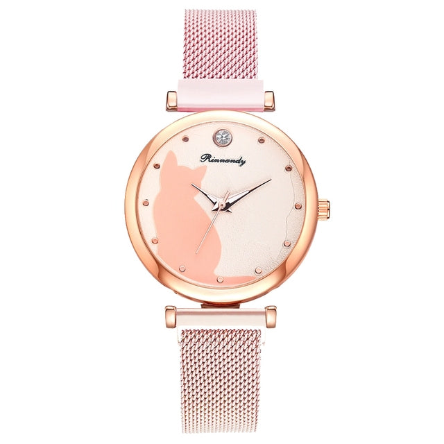 Stylish Cat-Themed Watch & Bracelet Set for Teen Girls – Cute Rose Gold Bracelets