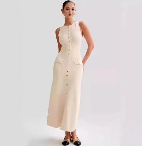Elegant Sleeveless Button-Down Maxi Dress – Chic & Timeless