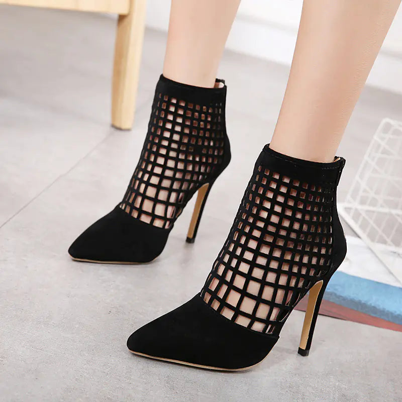Vixen Mesh Cage Heels – Black Stiletto Ankle Booties