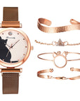 Stylish Cat-Themed Watch & Bracelet Set for Teen Girls – Cute Rose Gold Bracelets