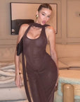 Womens Coffee Brown Spliced Long Dress