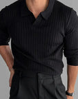 Men’s Classic Ribbed Knit Polo – Long Sleeve Slim Fit