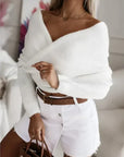 V-Neck Crossover Off-Shoulder Sweater - Multi-Color Trend