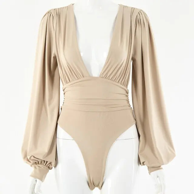 Deep V Bodysuit – Satin Long Sleeve Wrap One-Piece