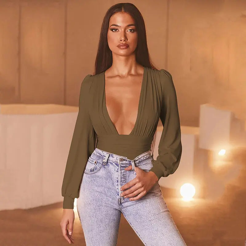 Deep V Bodysuit – Satin Long Sleeve Wrap One-Piece