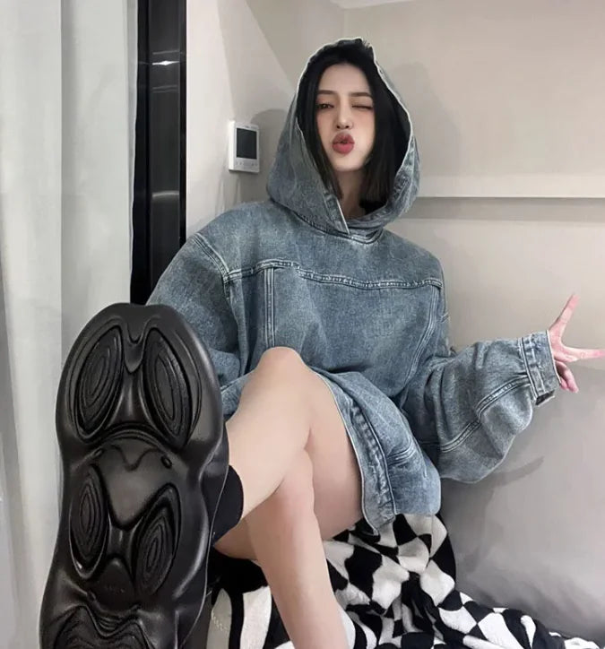 Women's Retro Denim Hooded Sweater