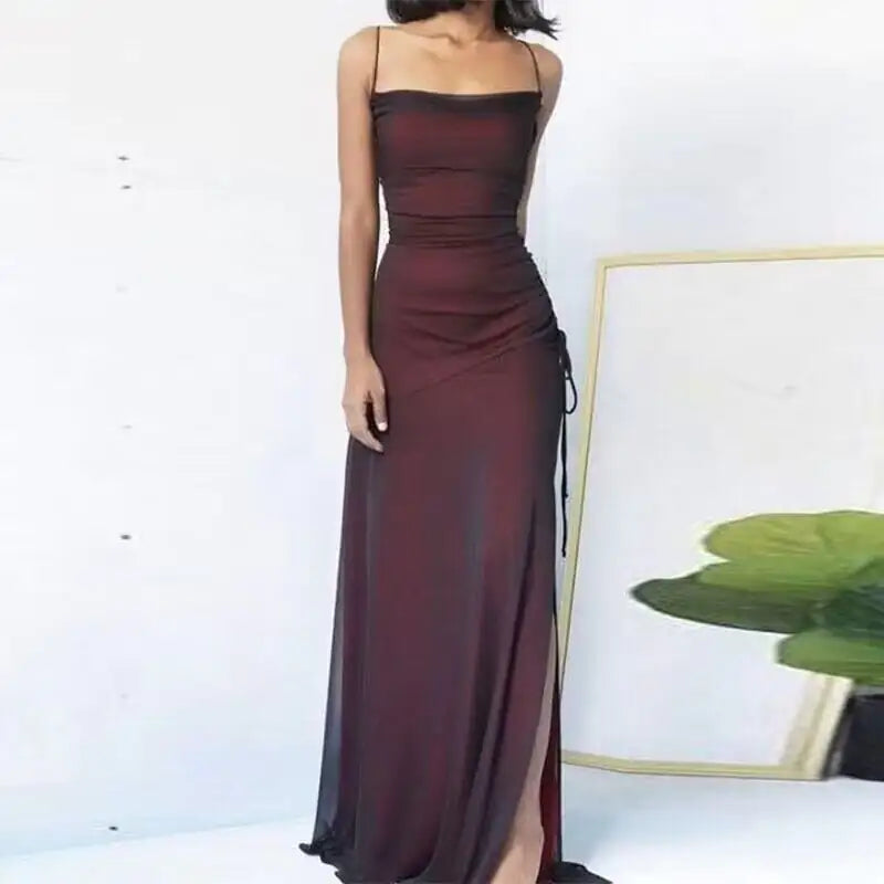 Burgundy Satin-Lined Mesh Gown with Lace-Up Slit