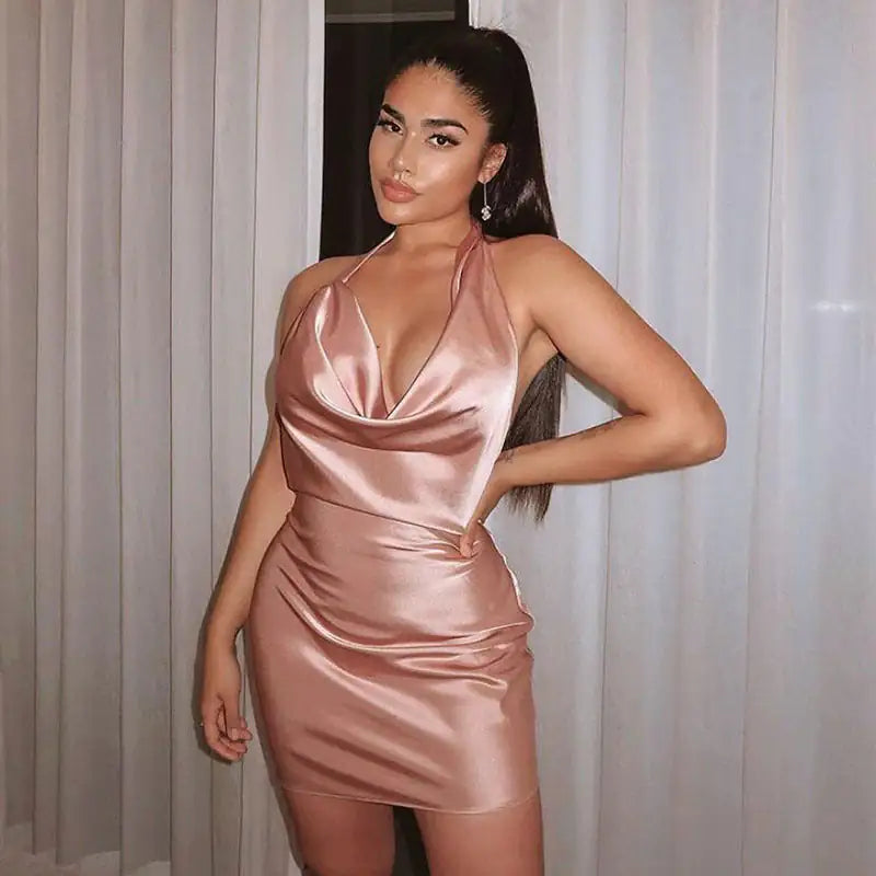 Sexy Satin Halter Mini Dress – Elegant, Bold & Flattering